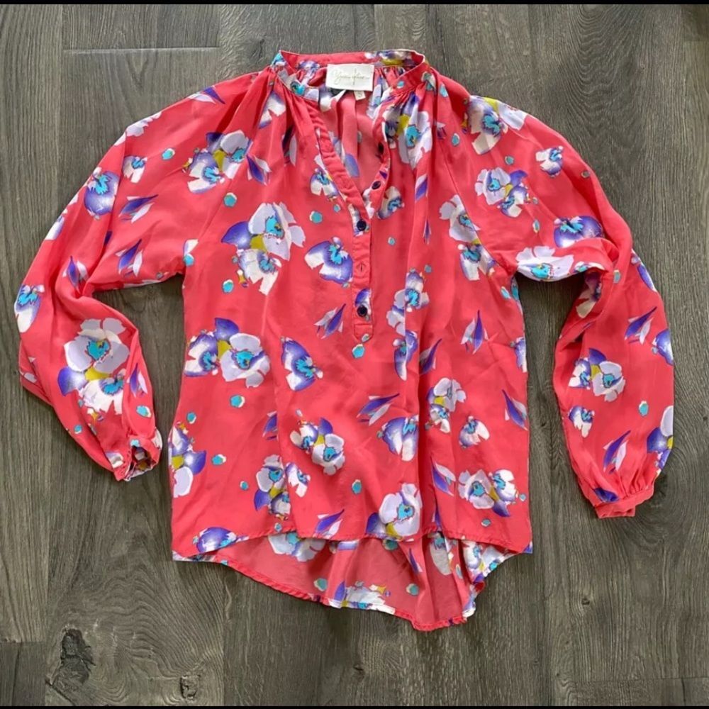 Yumi Kim Silk Floral Coral Pink Purple White Blue Yellow 3/4 Sleeve Blouse Top S